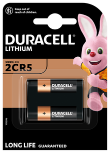 Duracell 2CR5 lithiumbatteri 1 stk sort/kobber emballage, lyserød kanin i orange trøje, "kamera batteri" tekst.