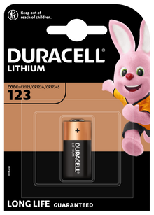 Duracell 123 lithiumbatteri 1 stk CR123A i pakning med Duracell-kanin, "Keep out of reach of children", "Long Life Guaranteed.