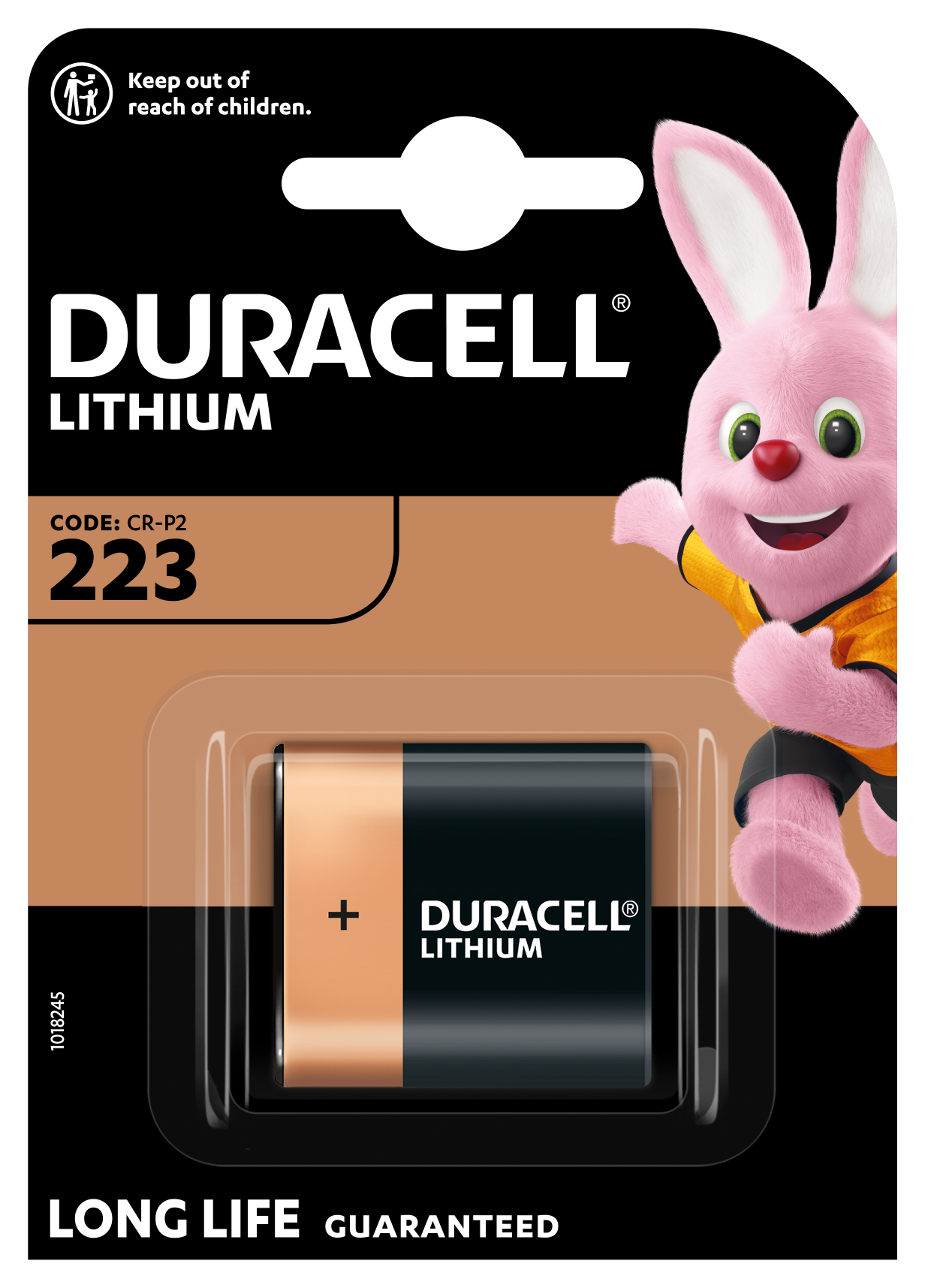 Duracell 223 lithiumbatteri 6V i detailpakke med kanin-logo og børnesikkerhedsadvarsel.