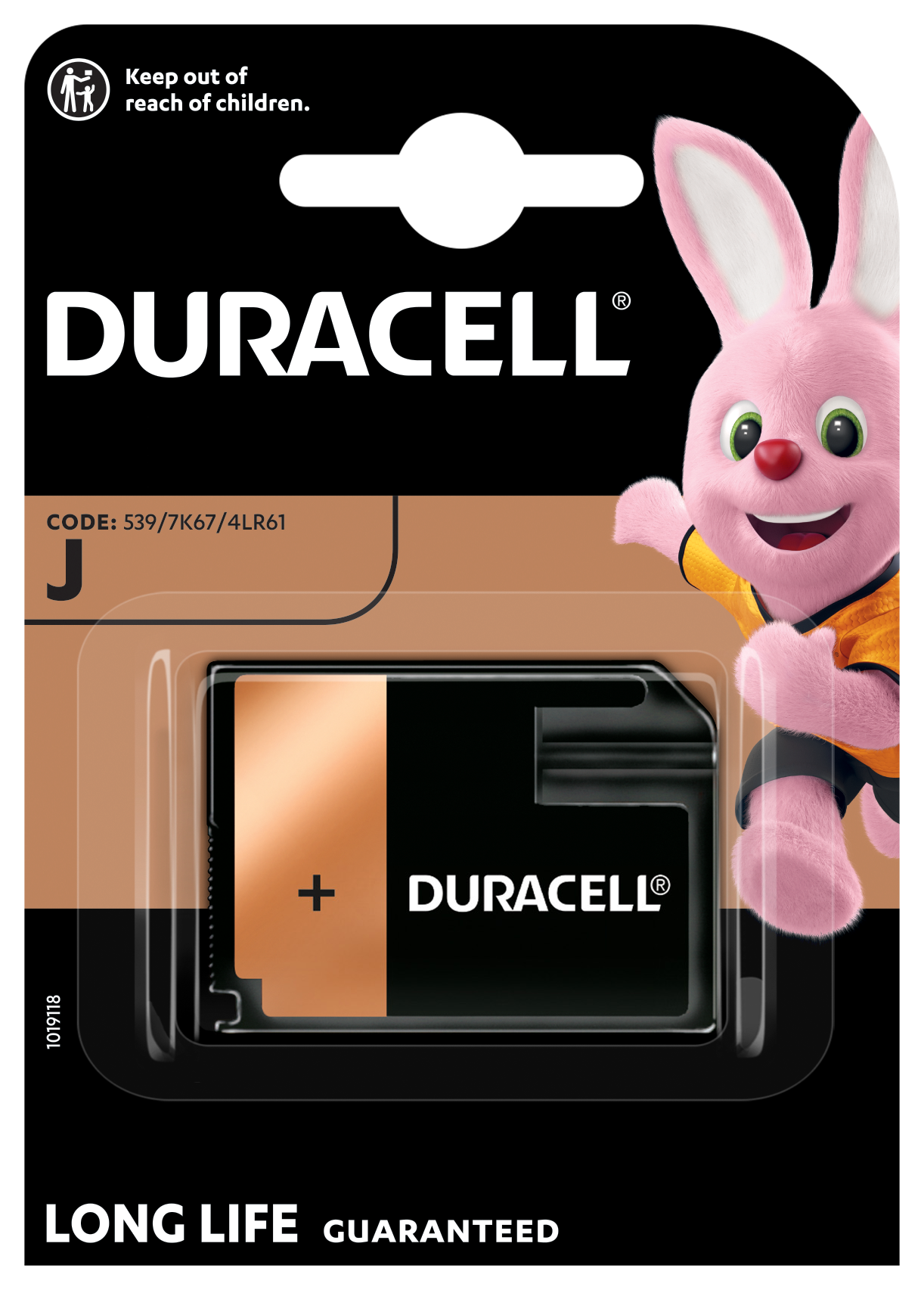 Duracell Security J Batteri 6V, sort og kobber detalje, emballage med lyserød kanin og "LONG LIFE GUARANTEED" tekst.
