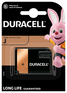 Duracell Security J Batteri 6V, sort og kobber detalje, emballage med lyserød kanin og "LONG LIFE GUARANTEED" tekst.