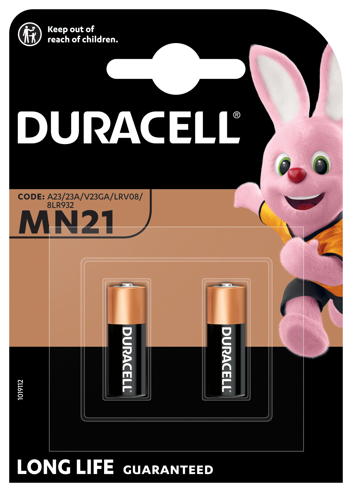 Duracell Security MN21 12V batterier 2 stk pakke med Duracell-logo, Bunny-maskot og børnesikkerhedsadvarsel.