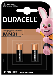 Duracell Security MN21 12V batterier 2 stk pakke med Duracell-logo, Bunny-maskot og børnesikkerhedsadvarsel.