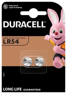 Duracell LR54 alkaline knapcellebatterier 2 stk med Duracell Bunny i orange trøje til højre og sikkerhedsinstruktioner øverst.
