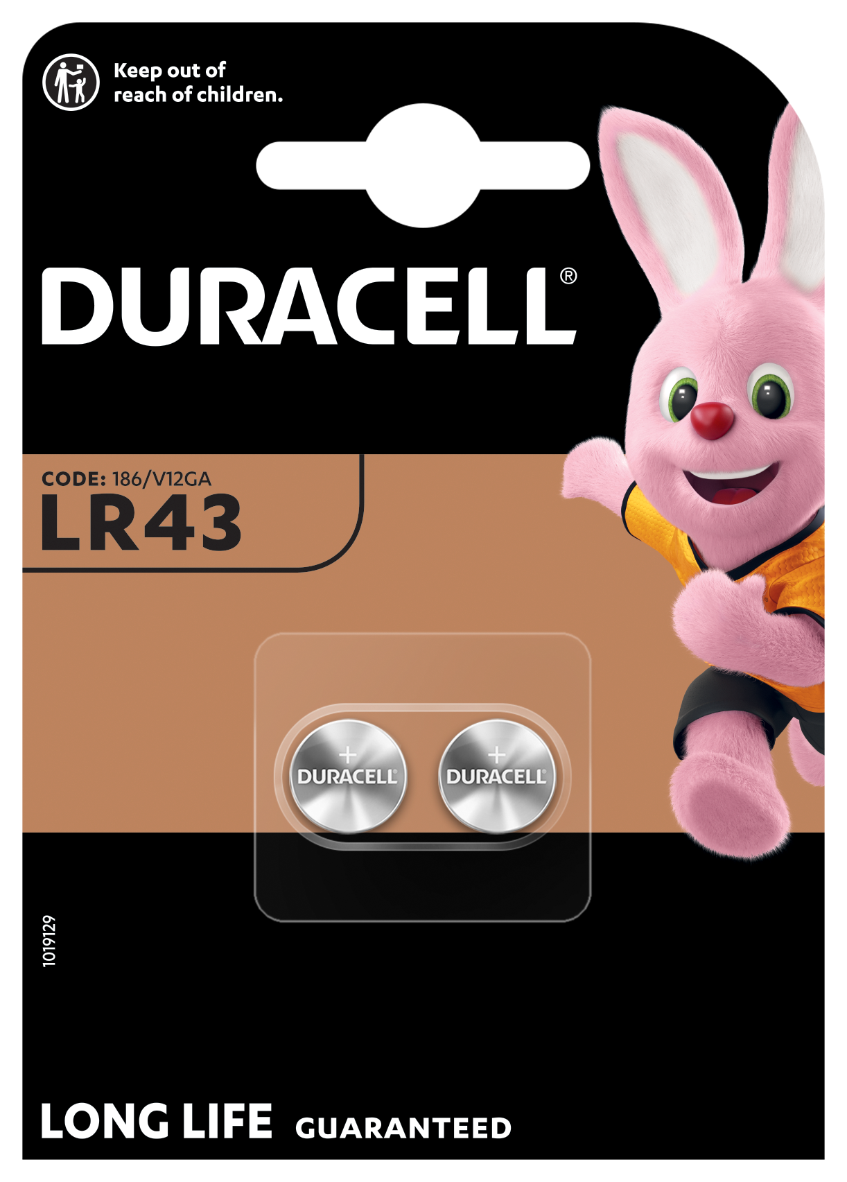 Duracell LR43 alkaline knapcellebatterier 2 stk i klar æske med Duracell kanin og teksten Long Life Guaranteed.