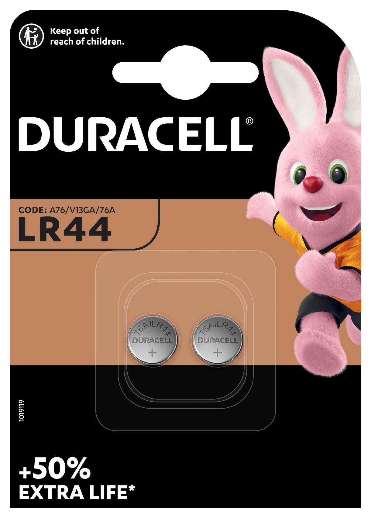 Duracell LR44 alkaline knapcellebatterier 2 stk, synlig Duracell kanin, +50 ekstra levetid, Opbevares utilgængeligt for børn.
