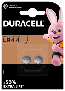 Duracell LR44 alkaline knapcellebatterier 2 stk, synlig Duracell kanin, +50 ekstra levetid, Opbevares utilgængeligt for børn.