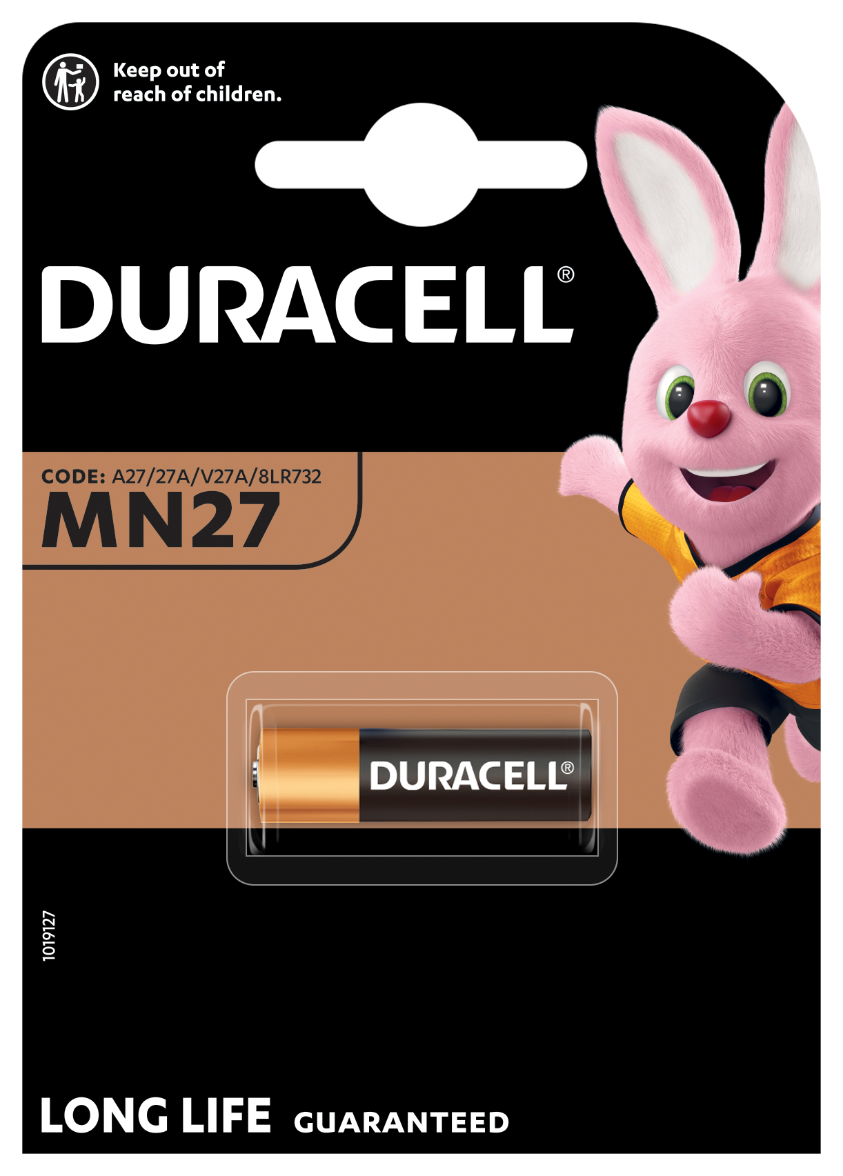 Duracell Security MN27 batteri 1 stk i emballage med lyserød kaninmaskot, orange trøje, tekst LONG LIFE GUARANTEED.