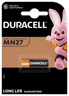 Duracell Security MN27 batteri 1 stk i emballage med lyserød kaninmaskot, orange trøje, tekst LONG LIFE GUARANTEED.