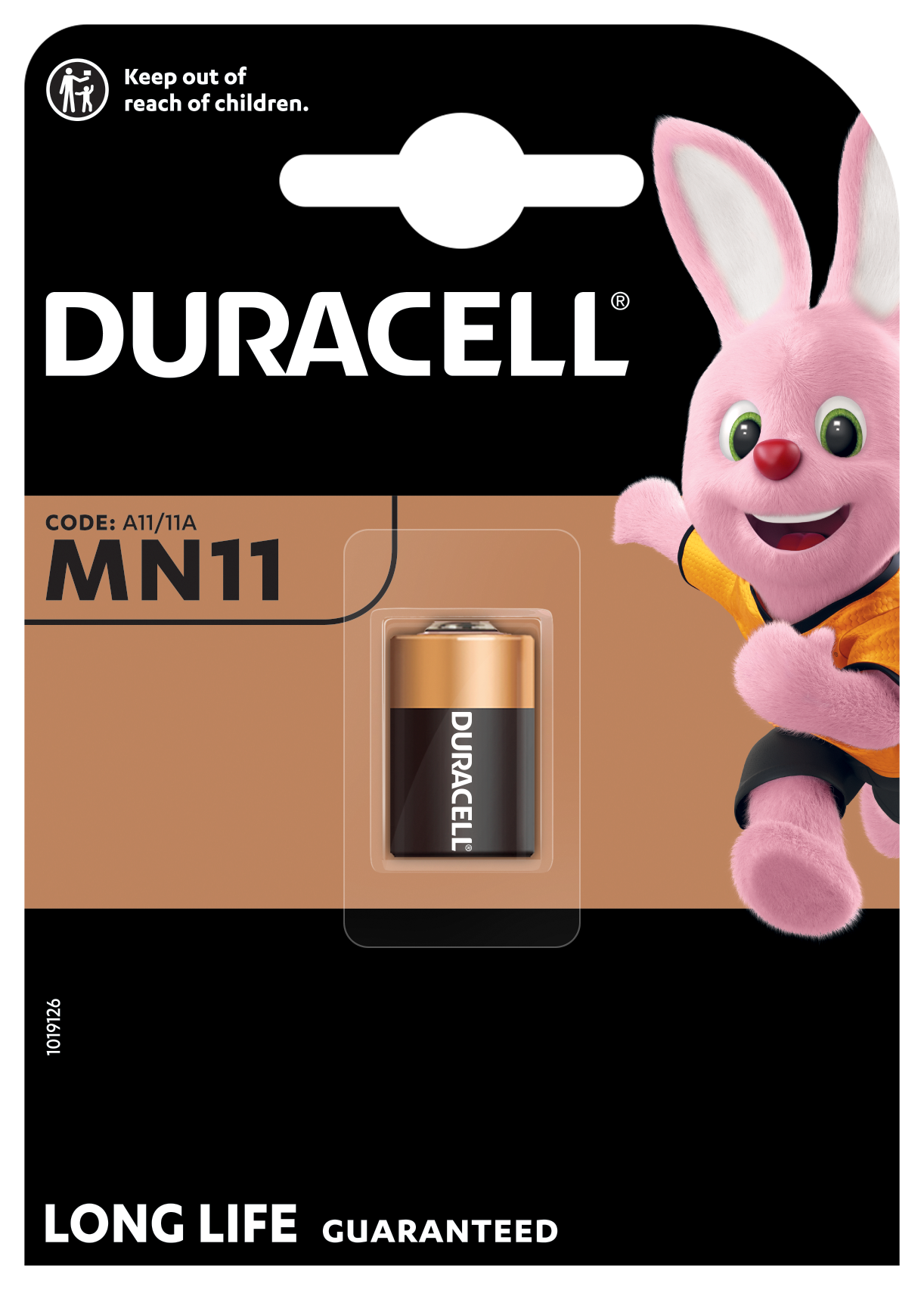Duracell MN11 6V batteri i Duracell-emballage med kanin til højre og teksten LONG LIFE GUARANTEED.