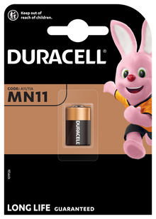 Duracell MN11 6V batteri i Duracell-emballage med kanin til højre og teksten LONG LIFE GUARANTEED.