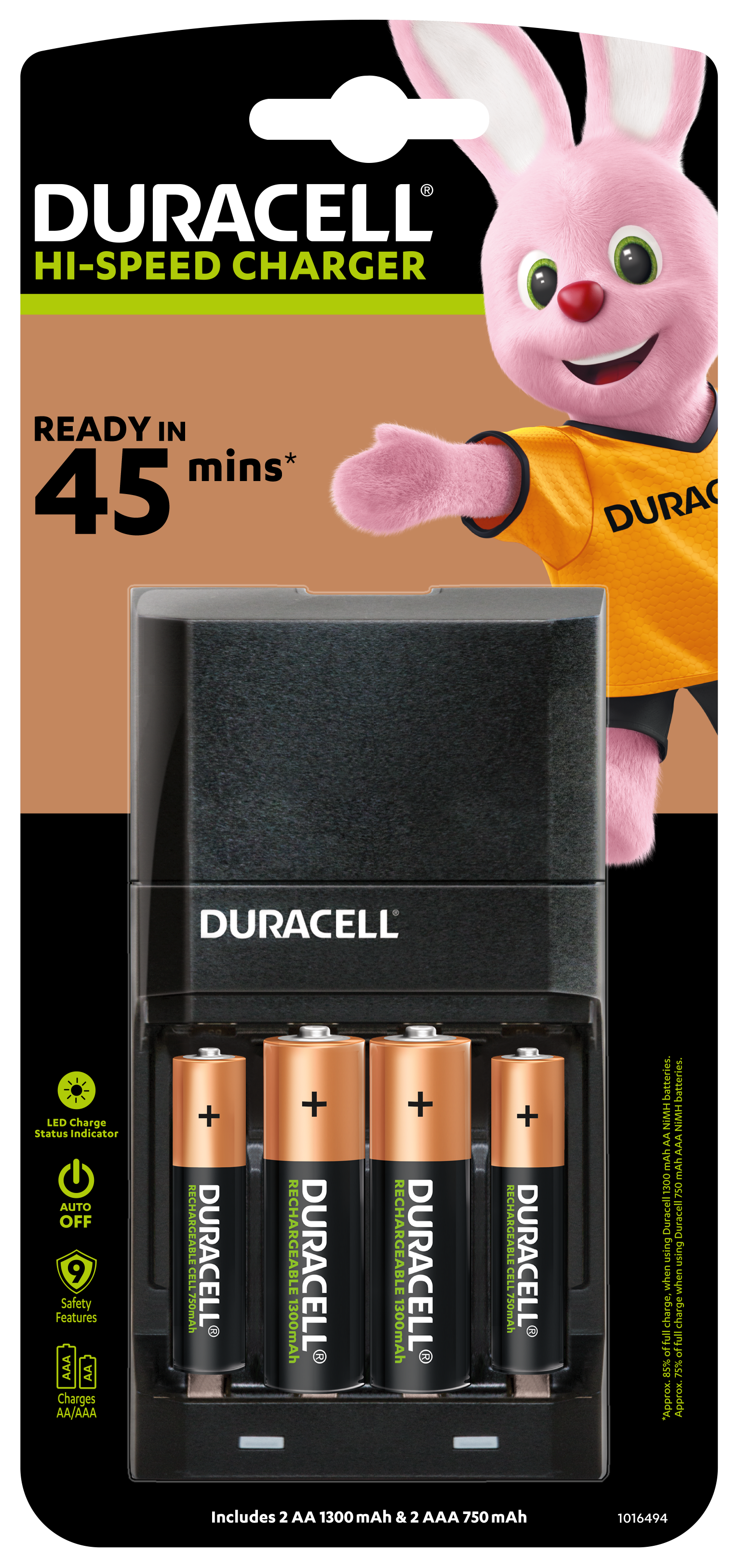 Duracell Batterioplader 45 min med Duracell Bunny, 2 AA og 2 AAA genopladelige batterier, tekst "Ready in 45 mins.