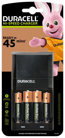 Duracell Batterioplader 45 min med Duracell Bunny, 2 AA og 2 AAA genopladelige batterier, tekst "Ready in 45 mins.