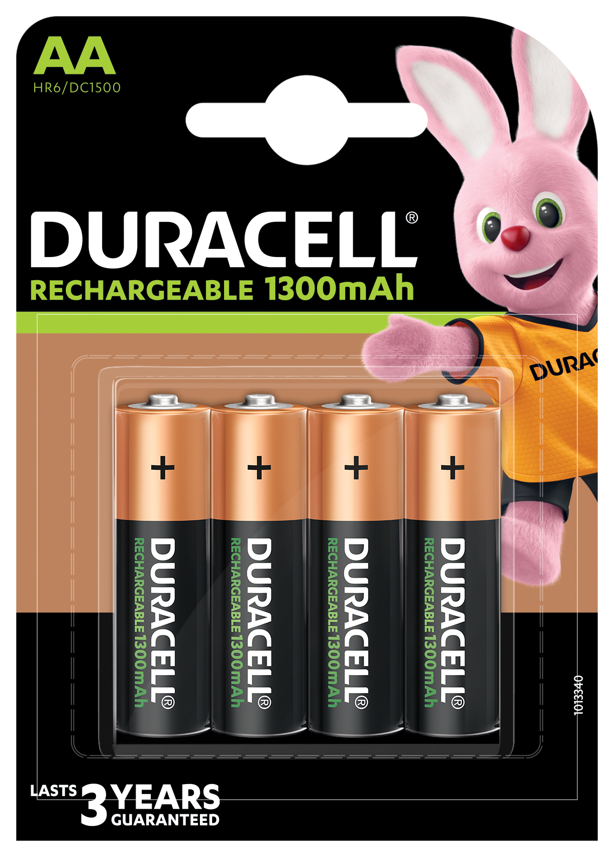 Duracell genopladelige AA-batterier 1300mAh 4 stk i plastetui, Duracell-kaninen i orange trøje på emballagen, 3 års garanti.