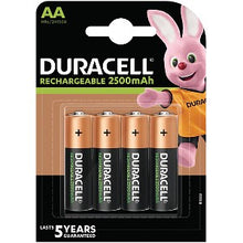 Duracell Pre/Recharge AA-batterier 4-pak 2500mAh sort/kobber Duracell-kanin i orange trøje 5-års garanti på pakning.