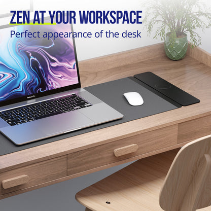 Allity Laptop Pad med Trådløs Opladning 4-i-1 15W sort på skrivebord med laptop, mus og plante, tekst: ZEN PÅ DIN ARBEJDSPLADS.