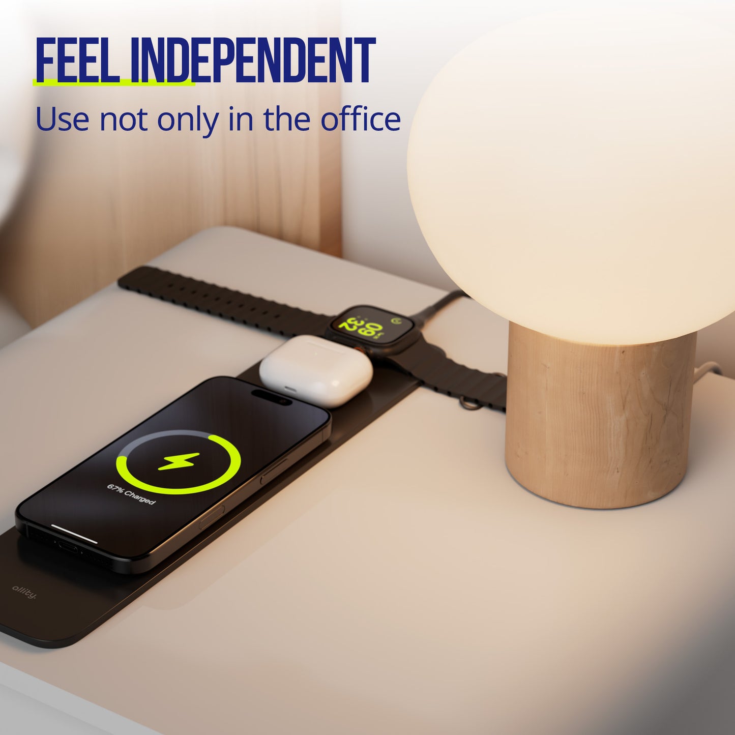 Allity Laptop Pad 4-i-1 med trådløs opladning 15W til smartphone, smartwatch og øretelefoner.