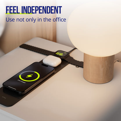 Allity Laptop Pad 4-i-1 med trådløs opladning 15W til smartphone, smartwatch og øretelefoner.