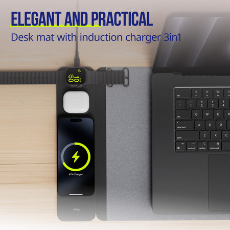 Allity Laptop Pad med trådløs opladning 4-i-1, 15W til smartwatch, ørepropper og smartphone, tekst: Skriveunderlag m. induktionsoplader.