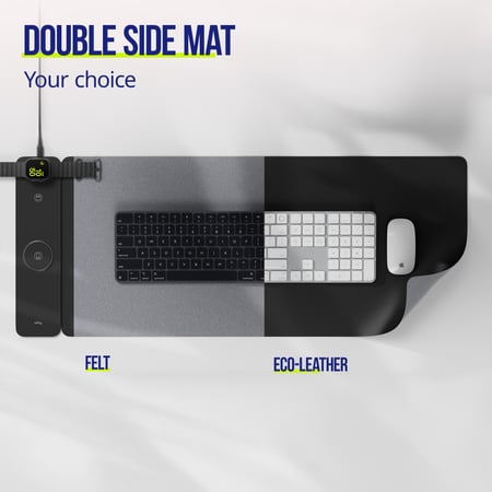 Allity Laptop Pad 4-i-1 trådløs opladning 15W, rektangulært skriveunderlag, grå filt og sort økolæder, tekst: DOBBELTSIDET MÅTTE.