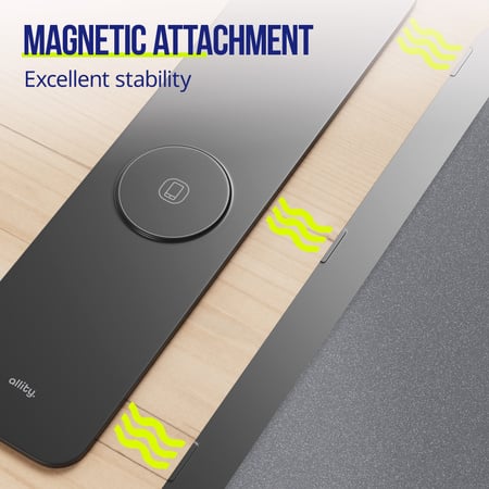 Allity Laptop Pad med trådløs opladning 4-i-1 15W magnetisk fastgjort til træ, gule bølger, tekst: MAGNETISK FASTGØRELSE.
