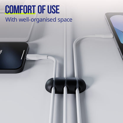 Allity Kabelorganisator 3 stk hvid holder tre hvide ladekabler samlet, til kabler tilsluttet smartphone og enhed.