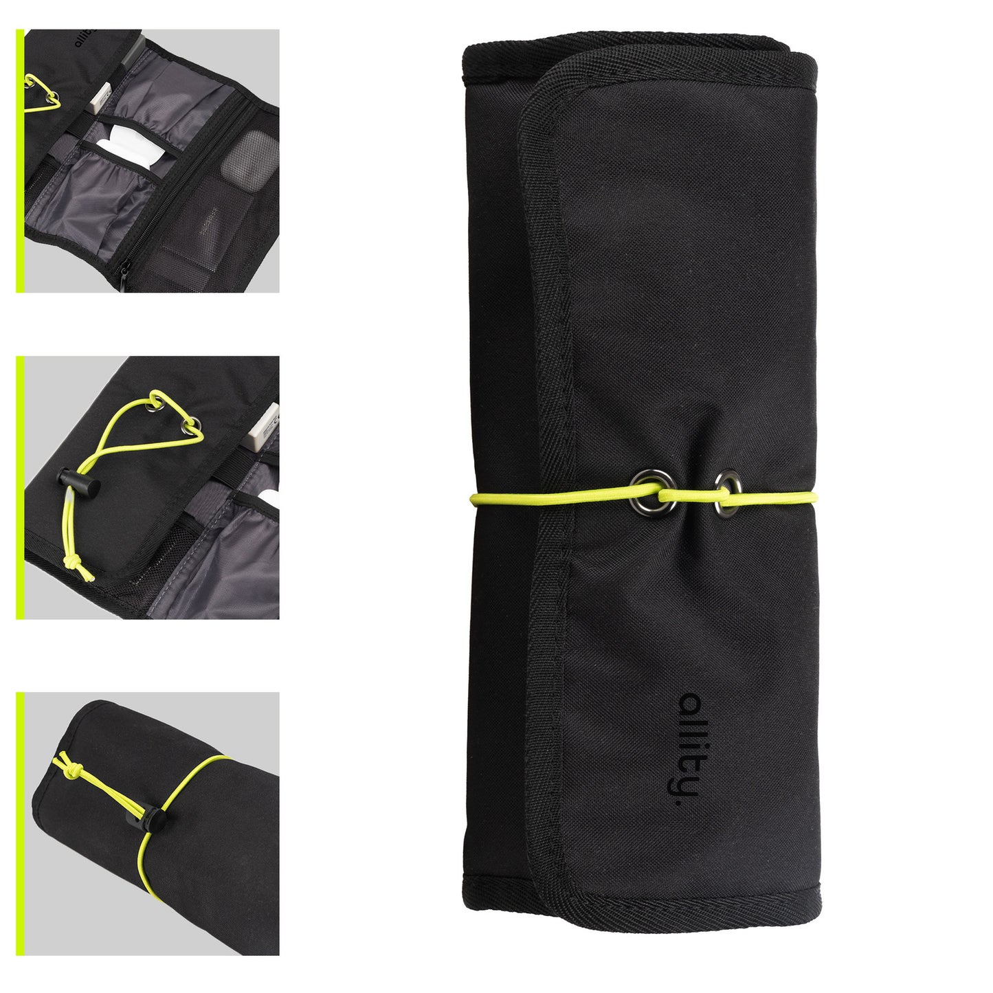 Allity ATB-200 Roll-Up kabelholder i sort med gule detaljer, flere indvendige lommer, snorelukning og Allity-logo.