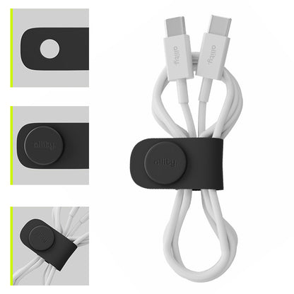 Allity Kabelbinder 3 stk sort silikone magnetisk kabelclip til USB-C kabelstyring bundter kabler, close-up samling vises.