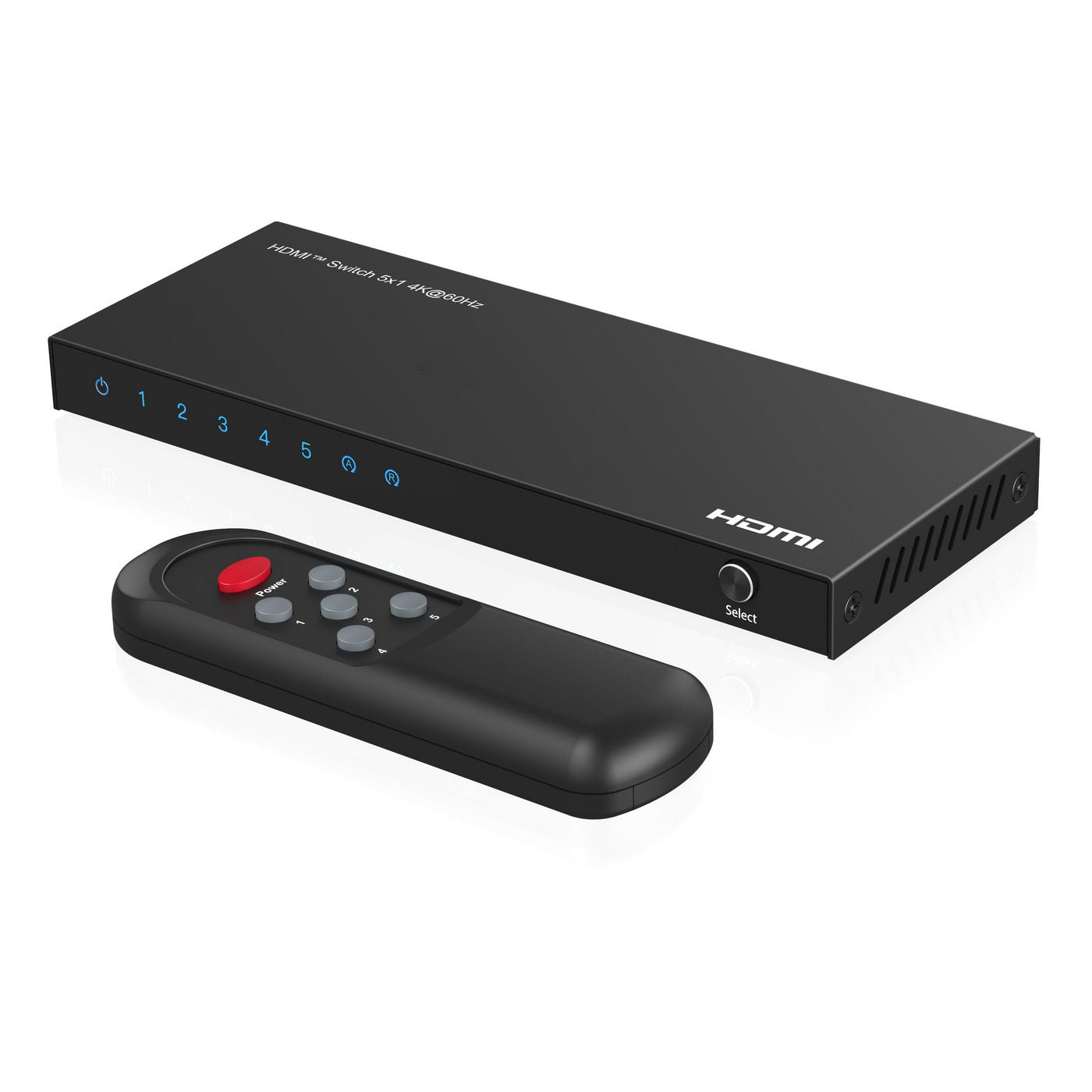 HDMI Switch 5x1 4K60Hz med HDCP 2.2, nummererede indgangsknapper, vælgerknap og fjernbetjening med rød powerknap.