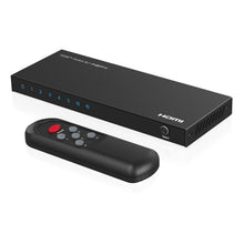 HDMI Switch 5x1 4K60Hz med HDCP 2.2, nummererede indgangsknapper, vælgerknap og fjernbetjening med rød powerknap.