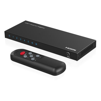 HDMI Switch 5x1 4K60Hz med HDCP 2.2, nummererede indgangsknapper, vælgerknap og fjernbetjening med rød powerknap.