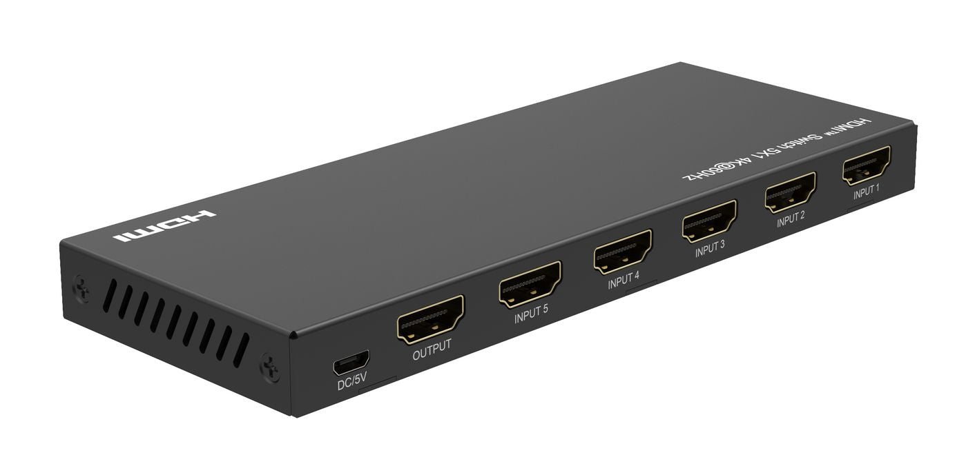 HDMI Switch 5x1 4K60Hz sort, fem HDMI-indgange, en udgang, DC strømstik, synlige frontpanelmærkater, HDCP 2.2.