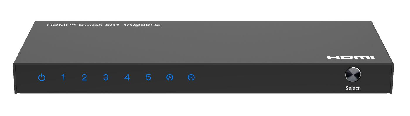 HDMI Switch 5x1 4K60Hz HDCP 2.2, blå LED 1-5, power/auto/reset-knapper foran, Select-knap højre side.