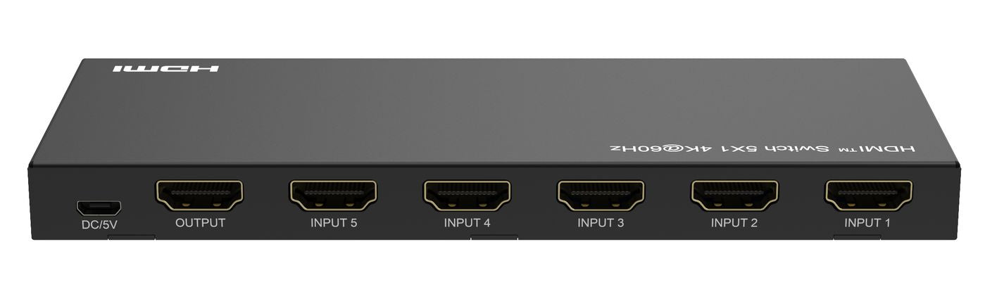 HDMI Switch 5x1 4K60Hz sort med DC/5V strømport, HDMI udgang og fem mærkede HDMI indgange.