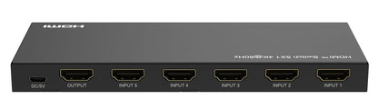 HDMI Switch 5x1 4K60Hz sort med DC/5V strømport, HDMI udgang og fem mærkede HDMI indgange.