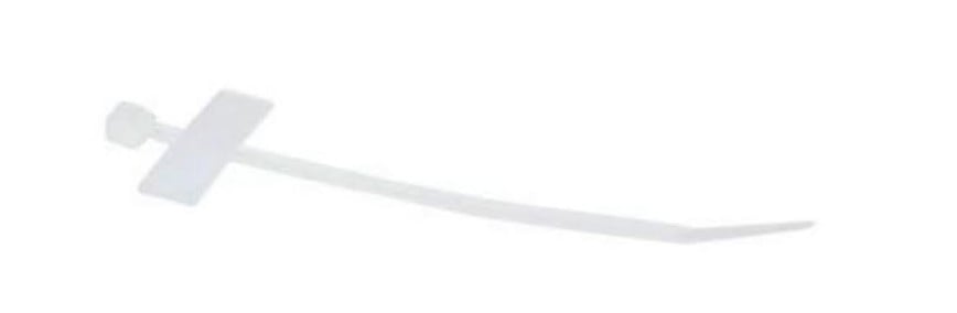 Microconnect kabelmærker 100mm, hvid plast, rektangulært låsehoved og lang tynd hale til kabelstyring.