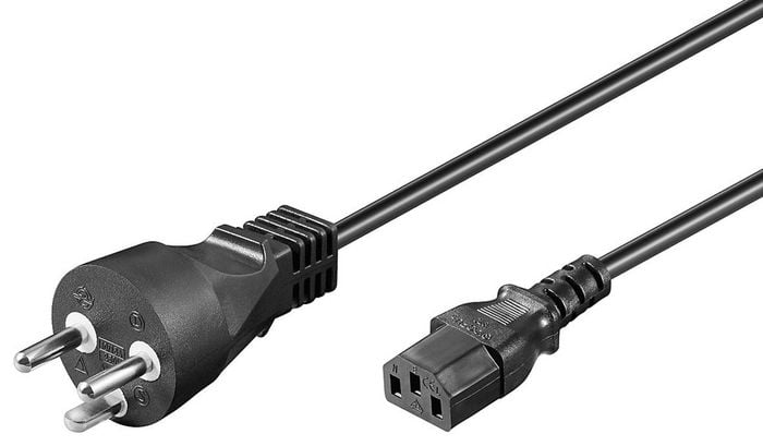 Sort strømkabel DK IEC 320, 0,5 m med europæisk tobenet dansk stik og IEC 320 stik, velegnet til elektronik.