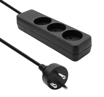 MicroConnect sort 3-vejs stikdåse med 1 m kabel og rund jordet stikprop.