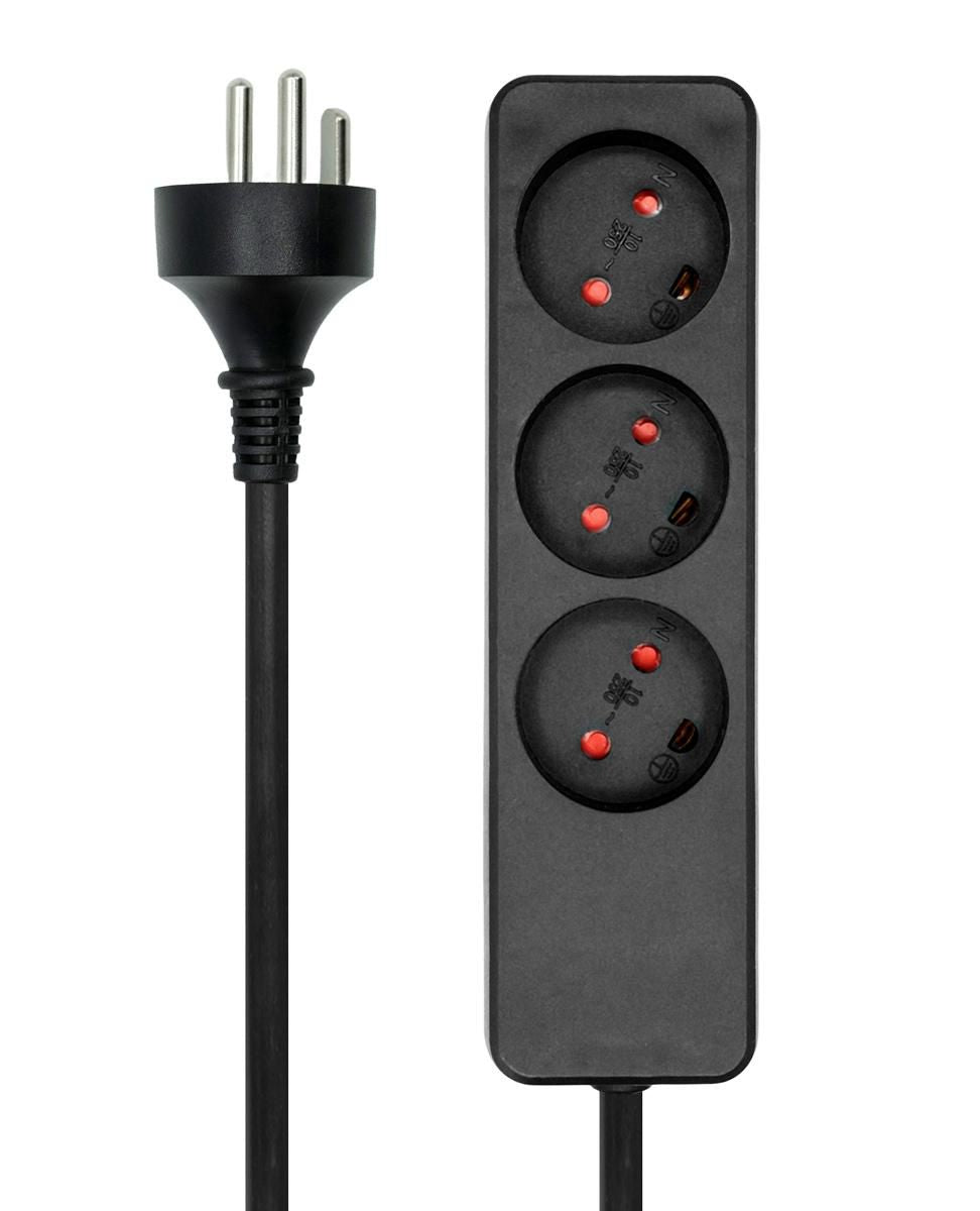 MicroConnect 3-vejs sort stikdåse, dansk model, 1 m ledning, trebenet stik.