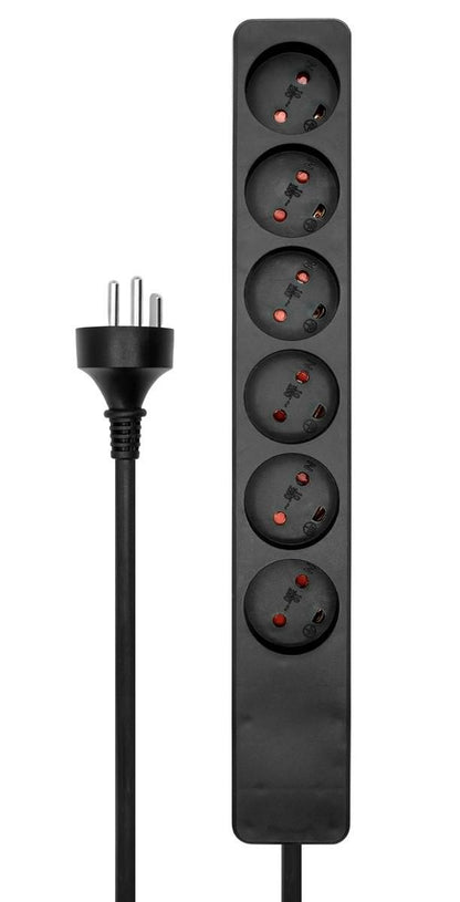 MicroConnect sort 6-vejs stikdåse med seks runde EU-udtag, trebenet stikprop og 2 meter ledning.