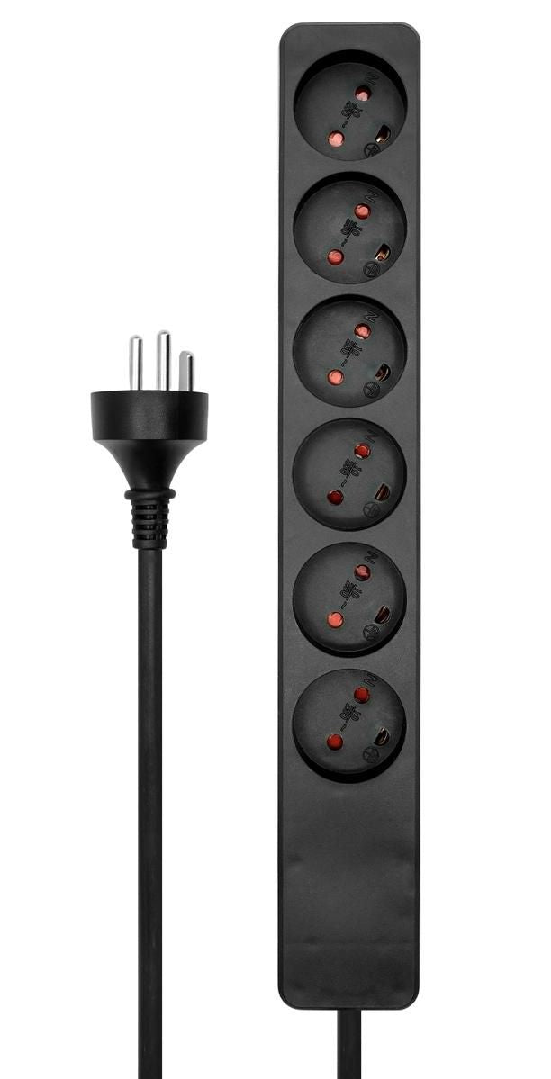 MicroConnect stikdåse 6-vejs sort, seks runde udtag, venstrevendt trebenet stik, 3 meter ledning.