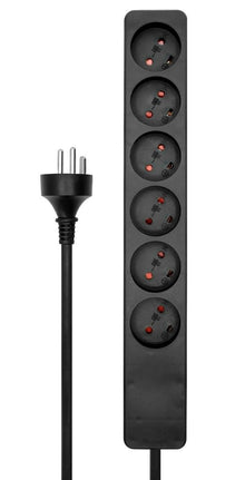 MicroConnect stikdåse 6-vejs sort, seks runde udtag, venstrevendt trebenet stik, 3 meter ledning.