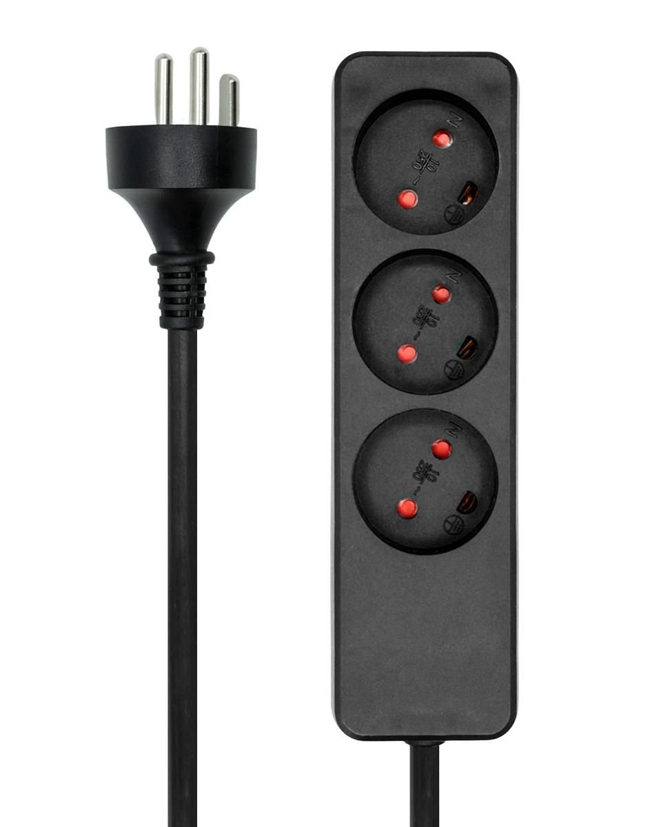 MicroConnect sort 3-vejs stikdåse med 3m kabel og tre runde stikben.