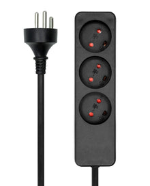 MicroConnect sort 3-vejs stikdåse med 3m kabel og tre runde stikben.