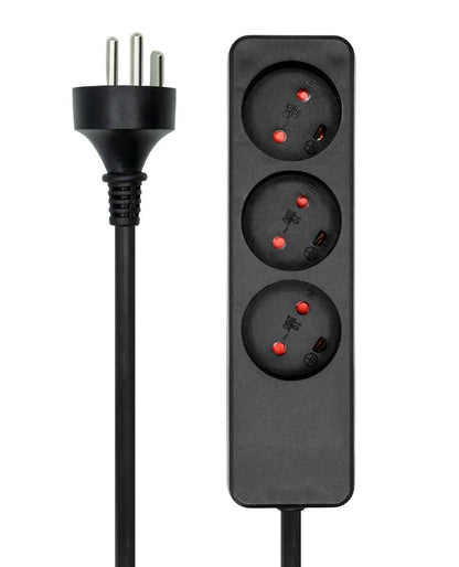 MicroConnect sort 3-vejs stikdåse med 3m kabel og tre runde stikben.