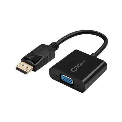 MicroConnect DisplayPort til VGA adapter sort, han til hun, med DisplayPort stik, VGA port og MicroConnect logo på kabinettet.