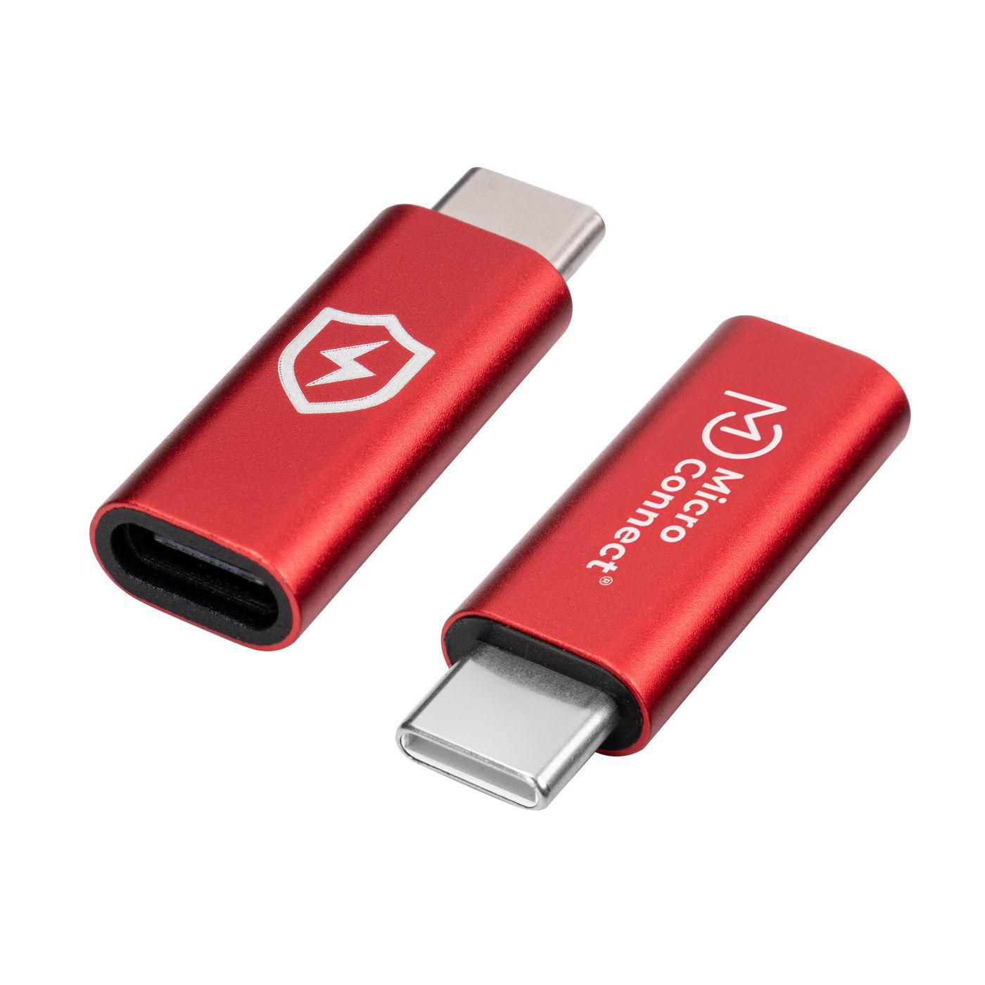 MicroConnect Safe Charge USB-C data blocker rød, hvidt lyn i skjold, MicroConnect logo, metallic finish, vendbare stik.