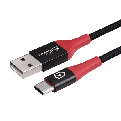 MicroConnect Safe Charge USB-A til USB-C 1,5 m sort/rød flettet kabel med logo på stik, understøtter hurtig opladning.