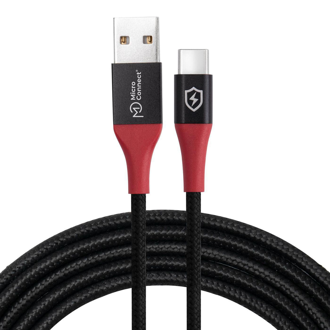 Safe Charge USB-A til USB-C data blocker-kabel 1,5 m, sort flettet, rødt stik med branding og skjold/lyn-ikoner.