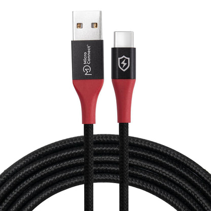 Safe Charge USB-A til USB-C data blocker-kabel 1,5 m, sort flettet, rødt stik med branding og skjold/lyn-ikoner.